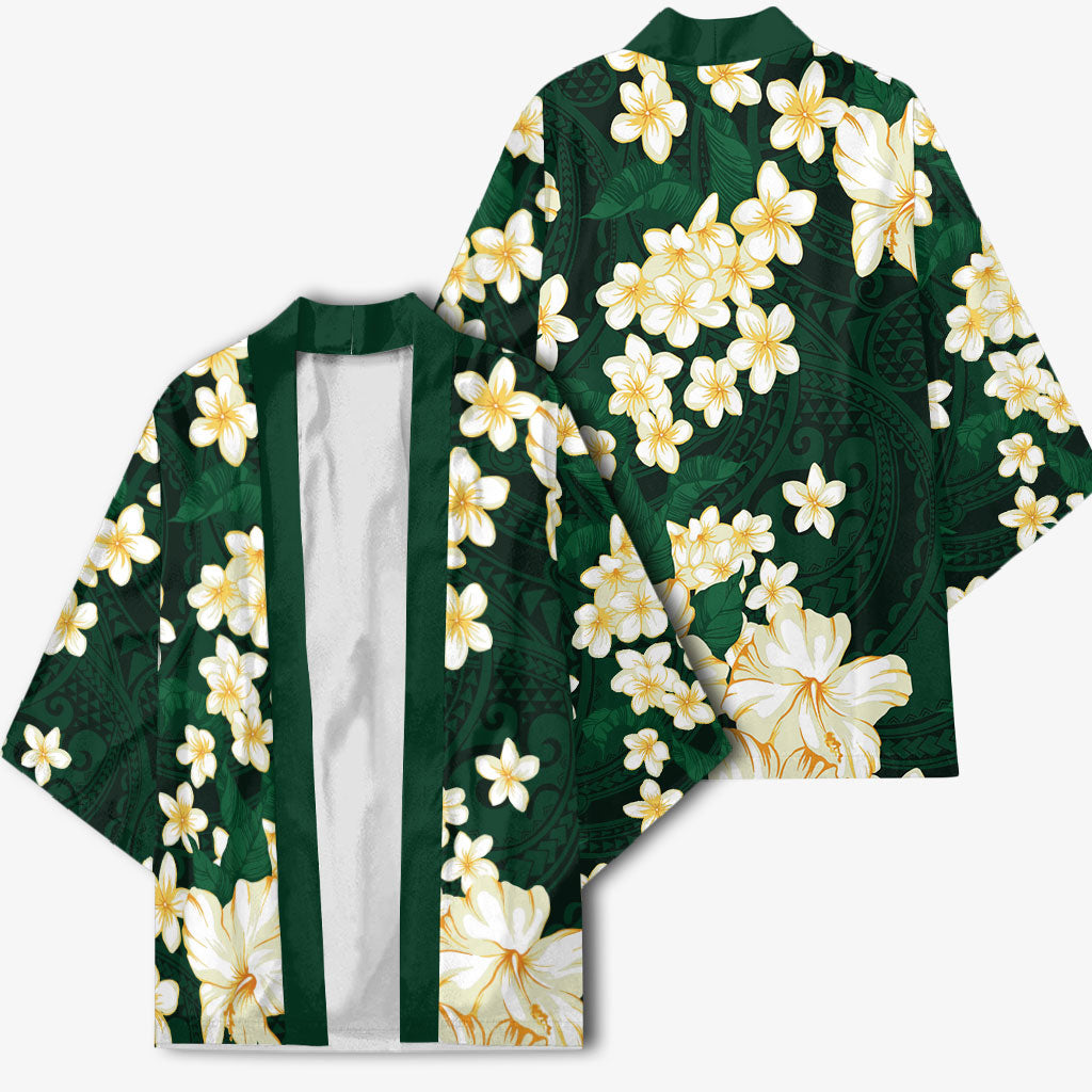 Hawaii Hibiscus Plumeria Green Kimono Polynesian Pattern