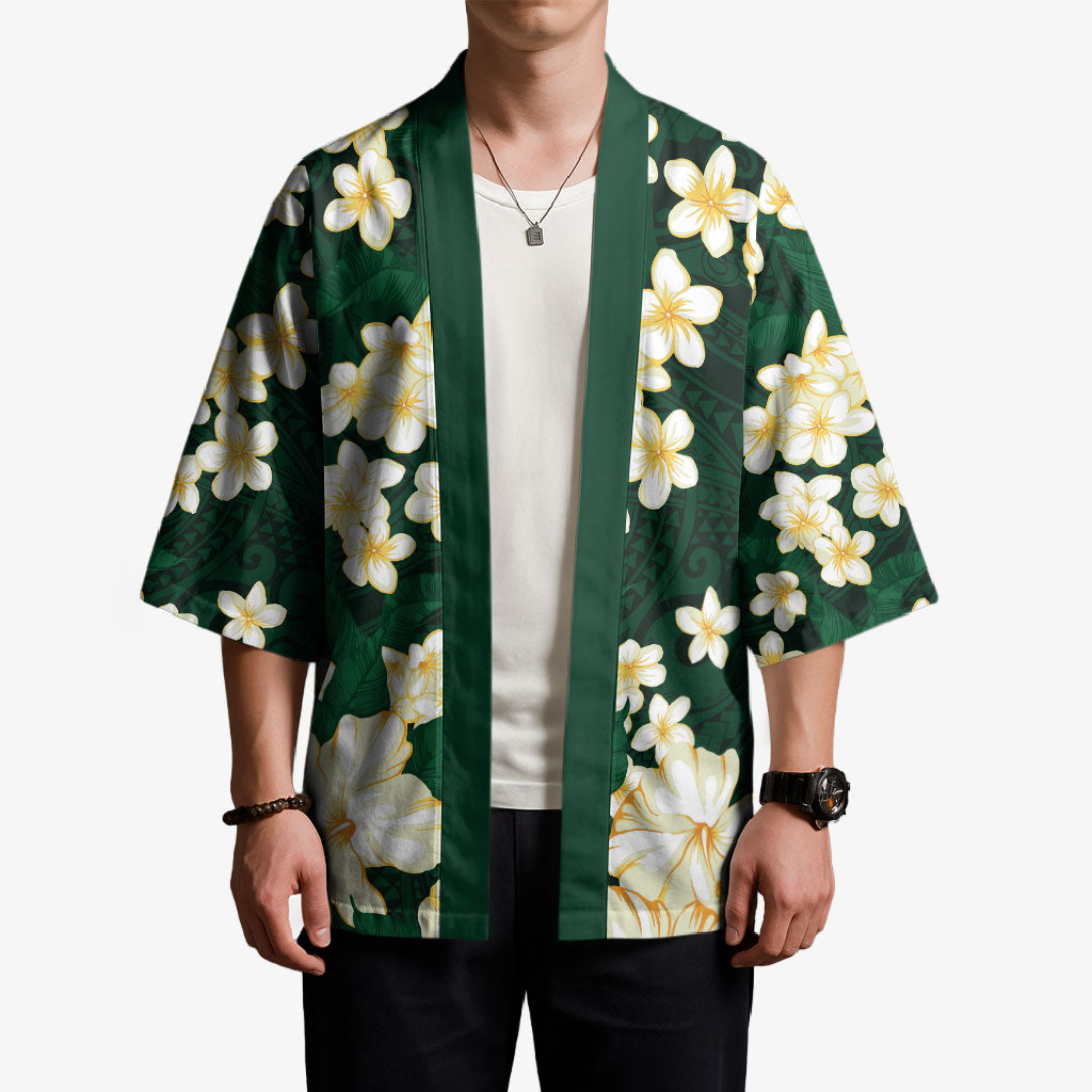 Hawaii Hibiscus Plumeria Green Kimono Polynesian Pattern