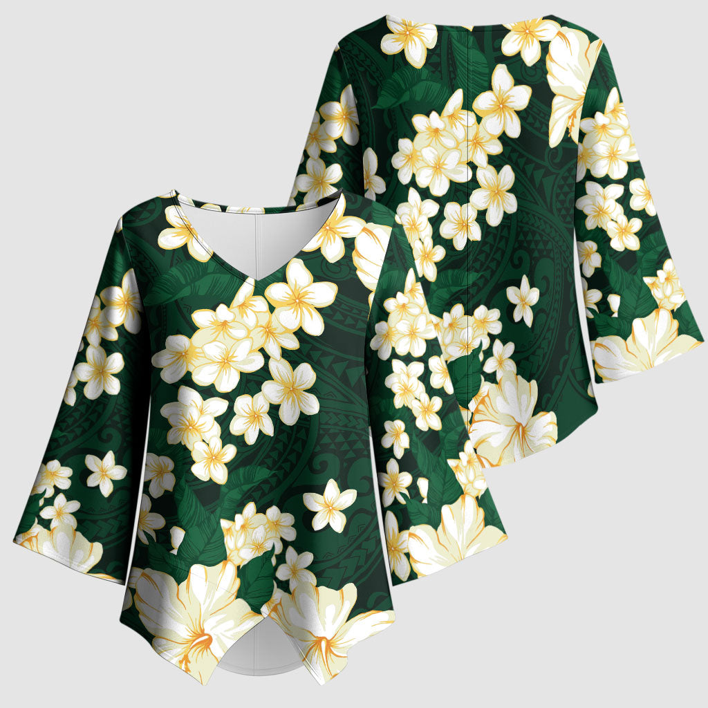Hawaii Hibiscus Plumeria Green Kimono Sleeve Blouse Polynesian Pattern