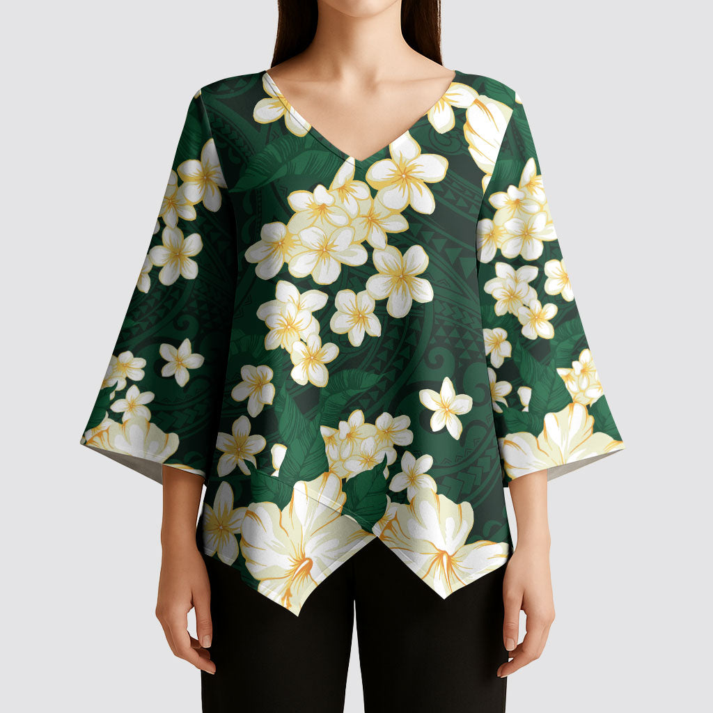 Hawaii Hibiscus Plumeria Green Kimono Sleeve Blouse Polynesian Pattern