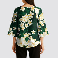 Hawaii Hibiscus Plumeria Green Kimono Sleeve Blouse Polynesian Pattern