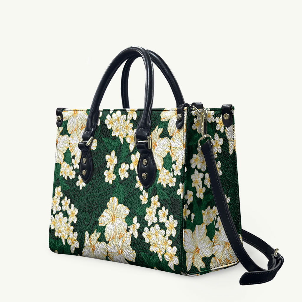 Hawaii Hibiscus Plumeria Green Leather Bag Polynesian Pattern