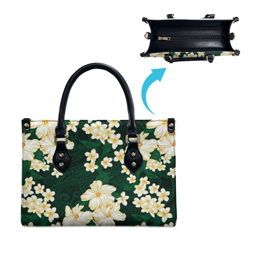 Hawaii Hibiscus Plumeria Green Leather Bag Polynesian Pattern