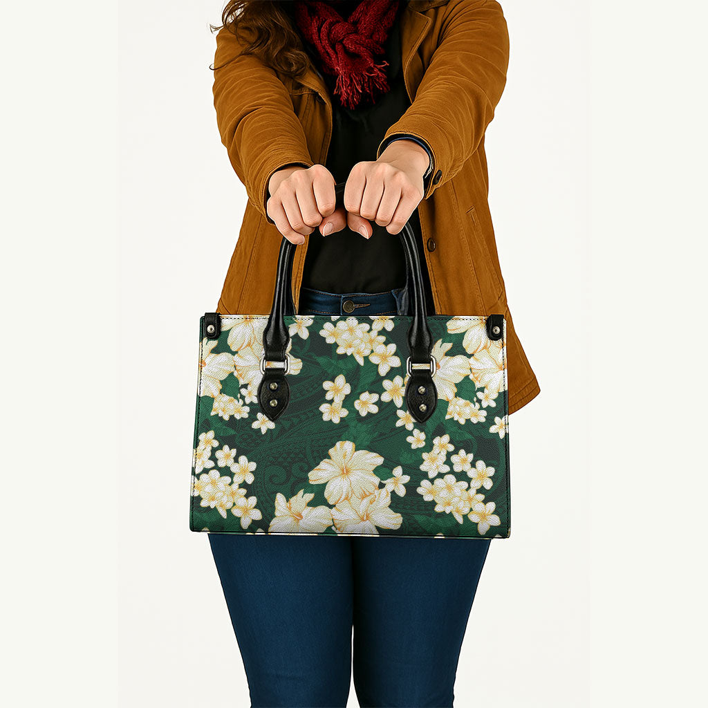 Hawaii Hibiscus Plumeria Green Leather Bag Polynesian Pattern