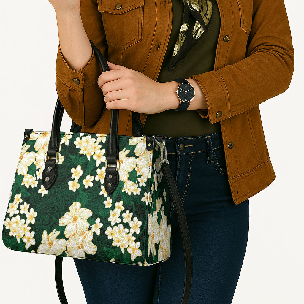 Hawaii Hibiscus Plumeria Green Leather Bag Polynesian Pattern