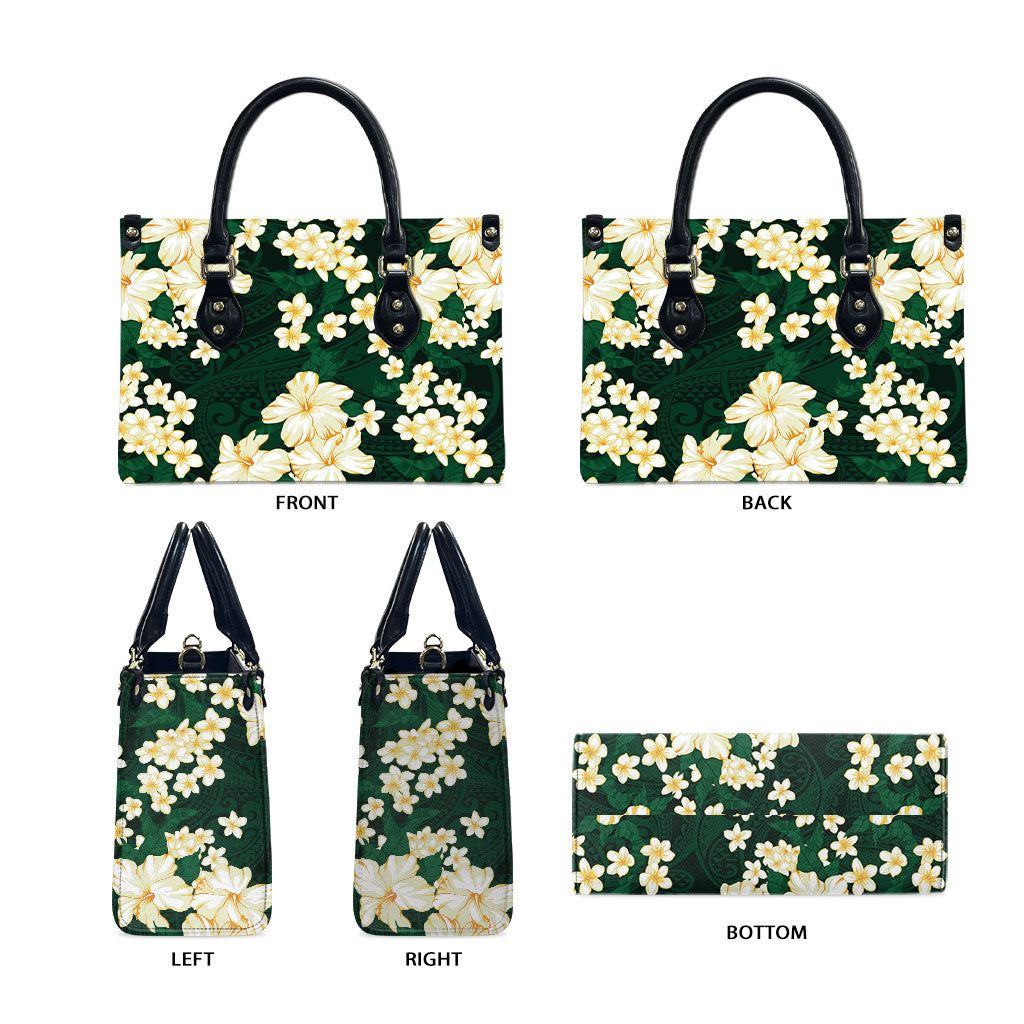 Hawaii Hibiscus Plumeria Green Leather Bag Polynesian Pattern