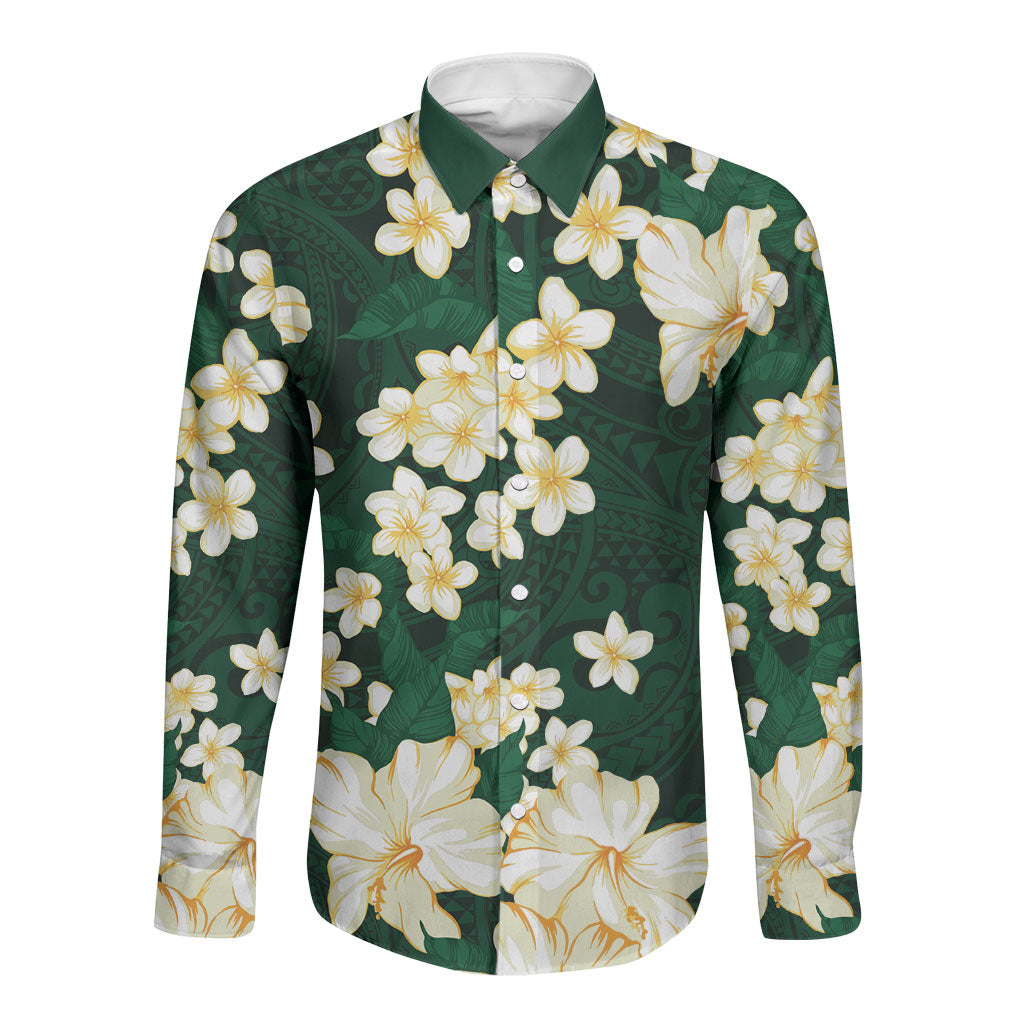 Hawaii Hibiscus Plumeria Green Long Sleeve Button Shirt Polynesian Pattern