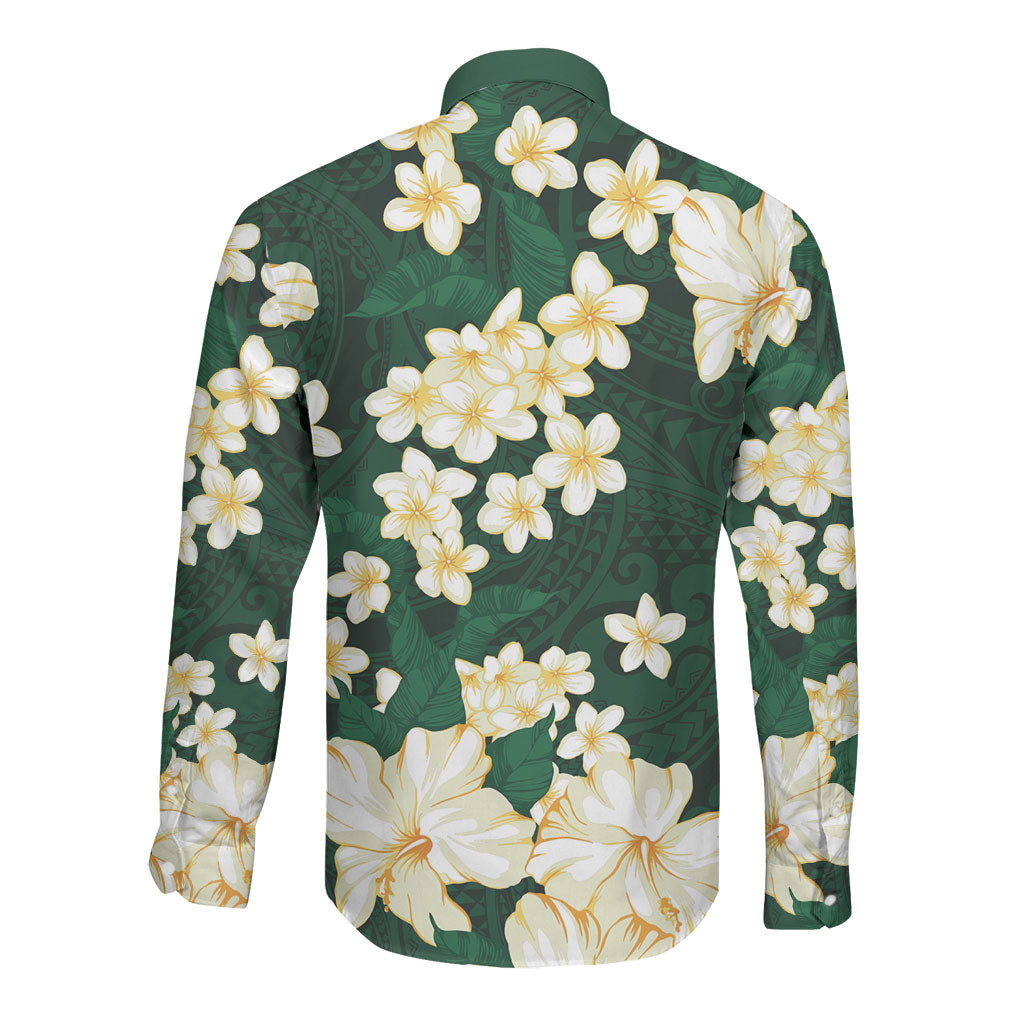Hawaii Hibiscus Plumeria Green Long Sleeve Button Shirt Polynesian Pattern
