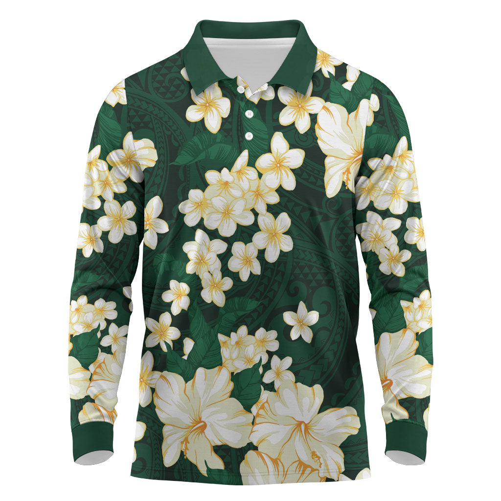 Hawaii Hibiscus Plumeria Green Long Sleeve Polo Shirt Polynesian Pattern