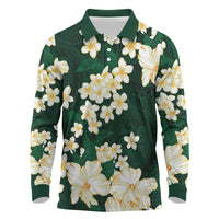 Hawaii Hibiscus Plumeria Green Long Sleeve Polo Shirt Polynesian Pattern