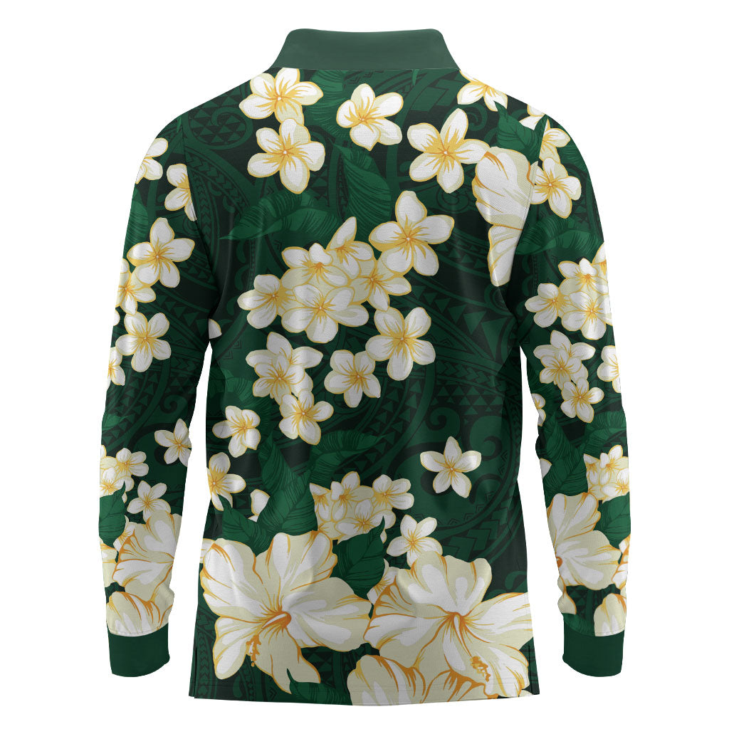 Hawaii Hibiscus Plumeria Green Long Sleeve Polo Shirt Polynesian Pattern