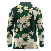 Hawaii Hibiscus Plumeria Green Long Sleeve Polo Shirt Polynesian Pattern
