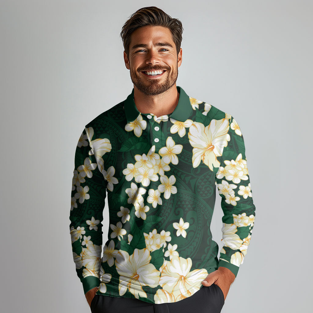 Hawaii Hibiscus Plumeria Green Long Sleeve Polo Shirt Polynesian Pattern