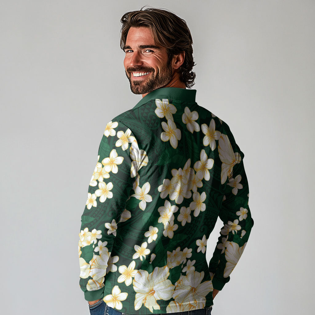 Hawaii Hibiscus Plumeria Green Long Sleeve Polo Shirt Polynesian Pattern