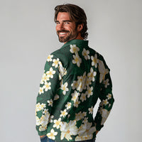 Hawaii Hibiscus Plumeria Green Long Sleeve Polo Shirt Polynesian Pattern
