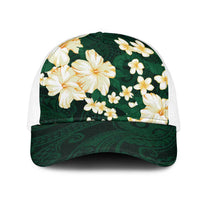 Hawaii Hibiscus Plumeria Green Mesh Trucker Cap Polynesian Pattern