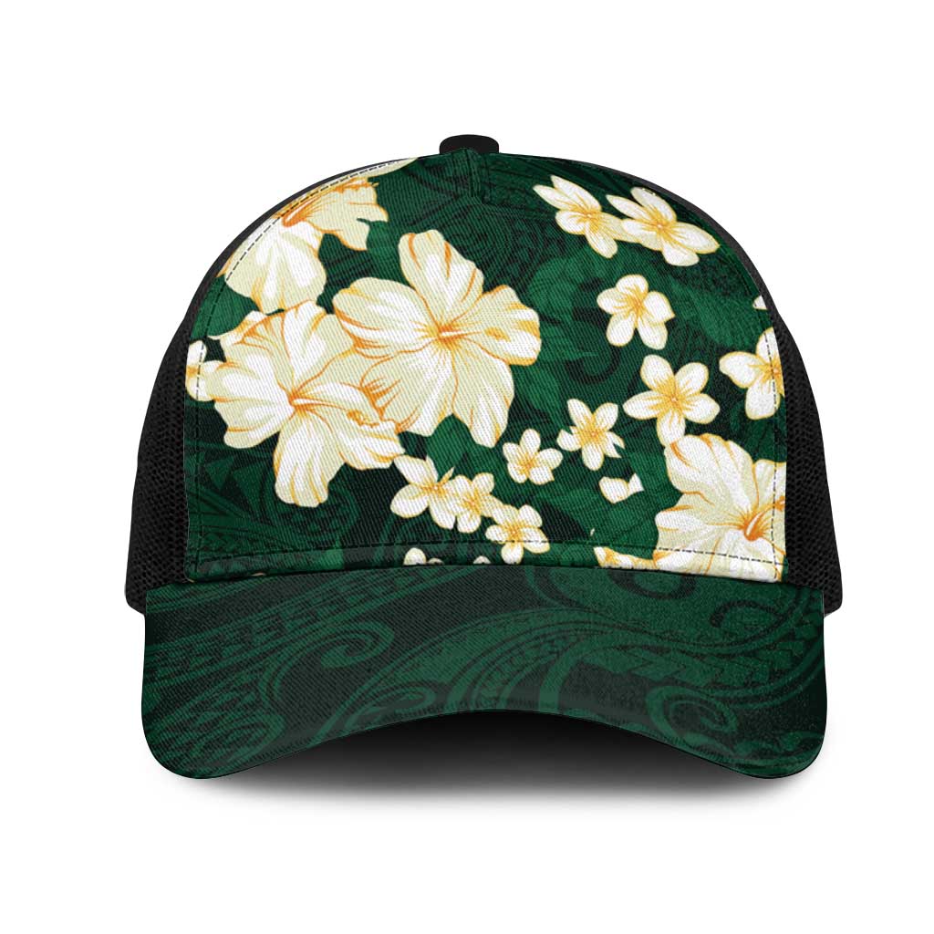 Hawaii Hibiscus Plumeria Green Mesh Trucker Cap Polynesian Pattern