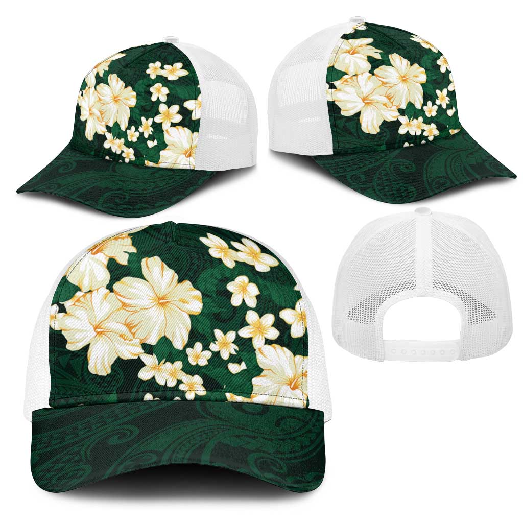 Hawaii Hibiscus Plumeria Green Mesh Trucker Cap Polynesian Pattern