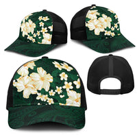 Hawaii Hibiscus Plumeria Green Mesh Trucker Cap Polynesian Pattern