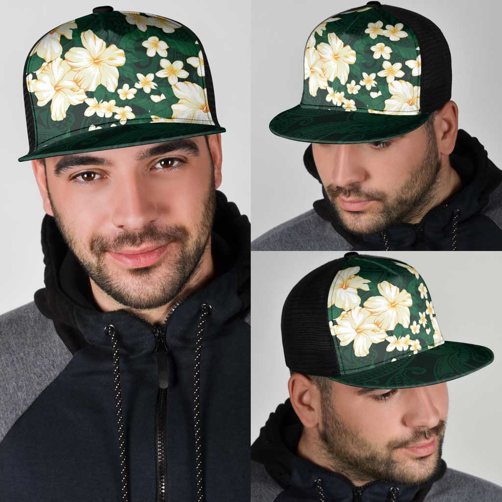 Hawaii Hibiscus Plumeria Green Mesh Trucker Cap Polynesian Pattern