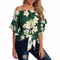 Hawaii Hibiscus Plumeria Green Off Shoulder Wrap Waist Top Polynesian Pattern