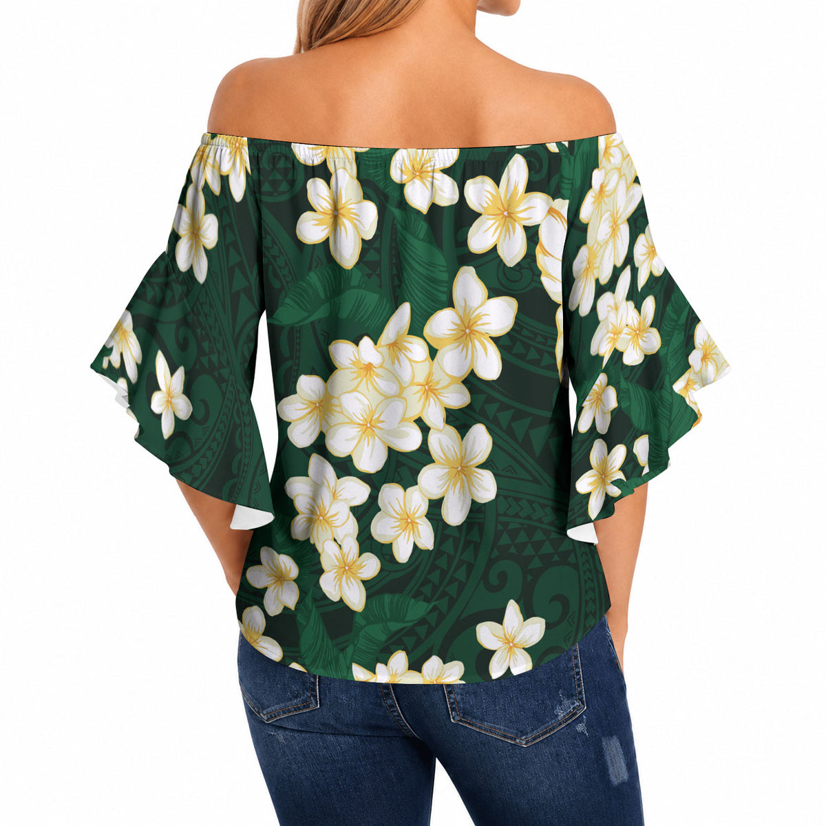 Hawaii Hibiscus Plumeria Green Off Shoulder Wrap Waist Top Polynesian Pattern