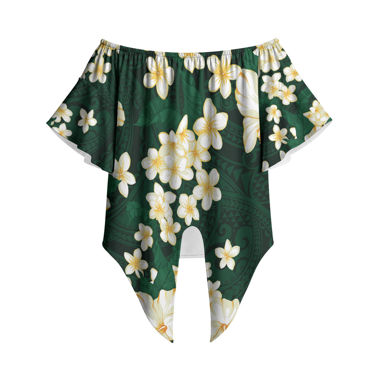 Hawaii Hibiscus Plumeria Green Off Shoulder Wrap Waist Top Polynesian Pattern