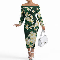 Hawaii Hibiscus Plumeria Green Off The Shoulder Long Sleeve Dress Polynesian Pattern LT01 Women Green - Polynesian Pride