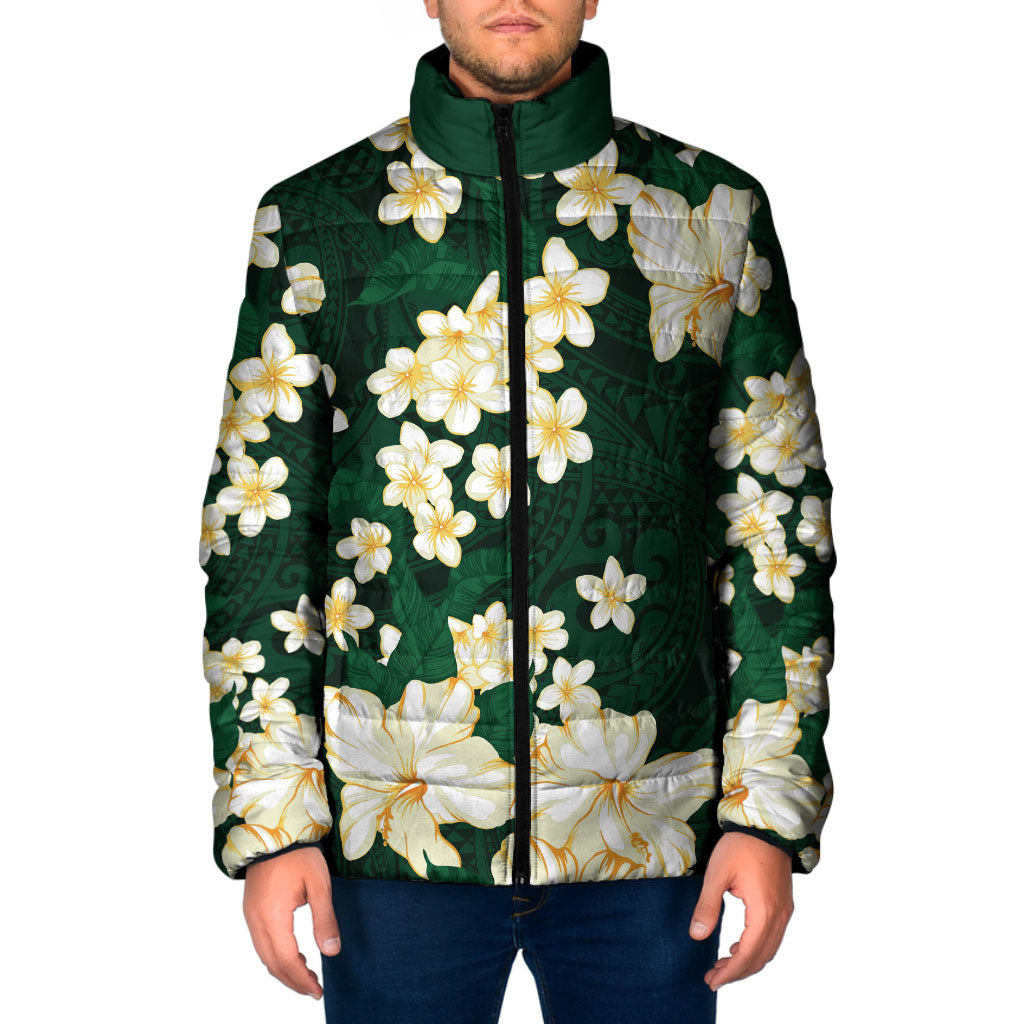 Hawaii Hibiscus Plumeria Green Padded Jacket Polynesian Pattern