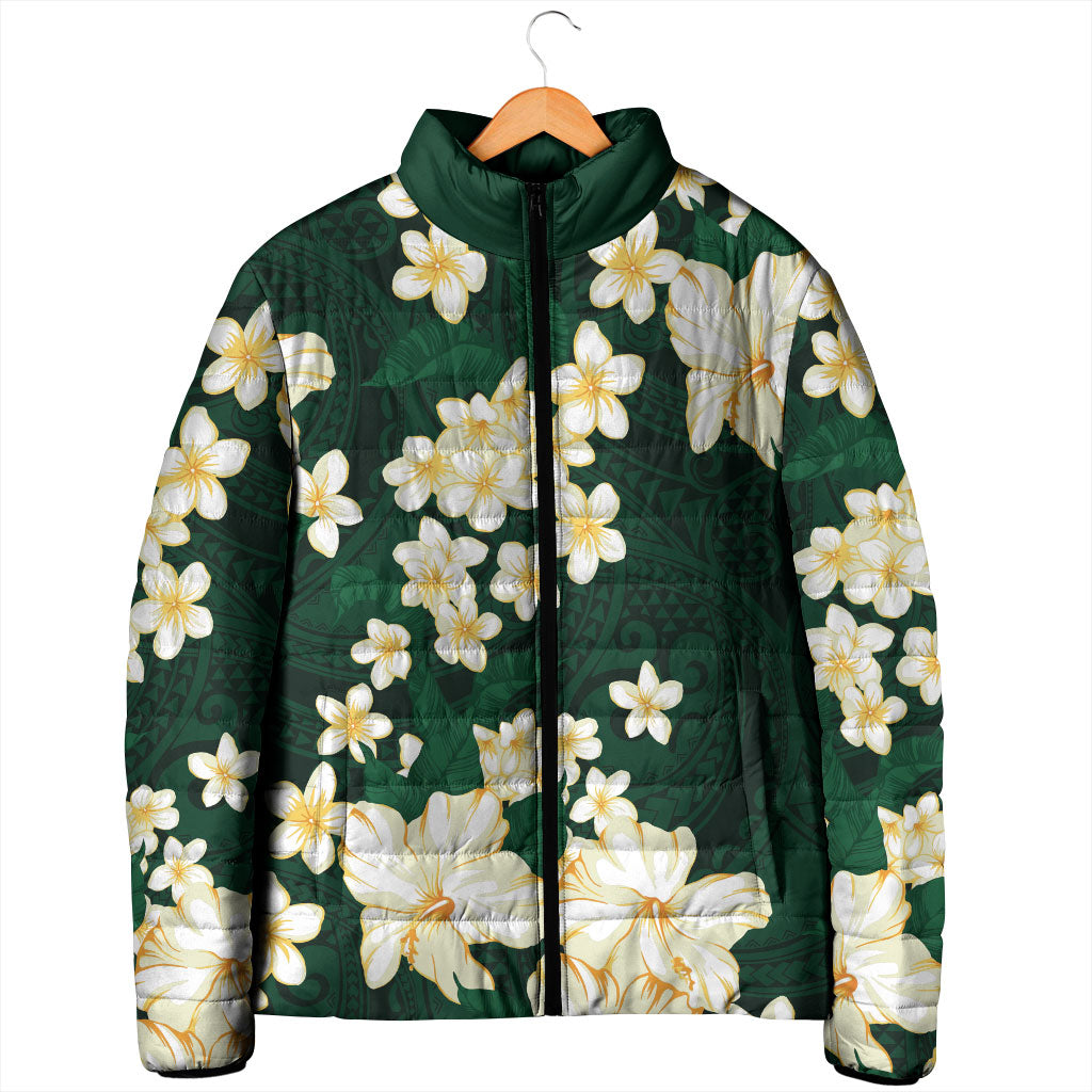 Hawaii Hibiscus Plumeria Green Padded Jacket Polynesian Pattern