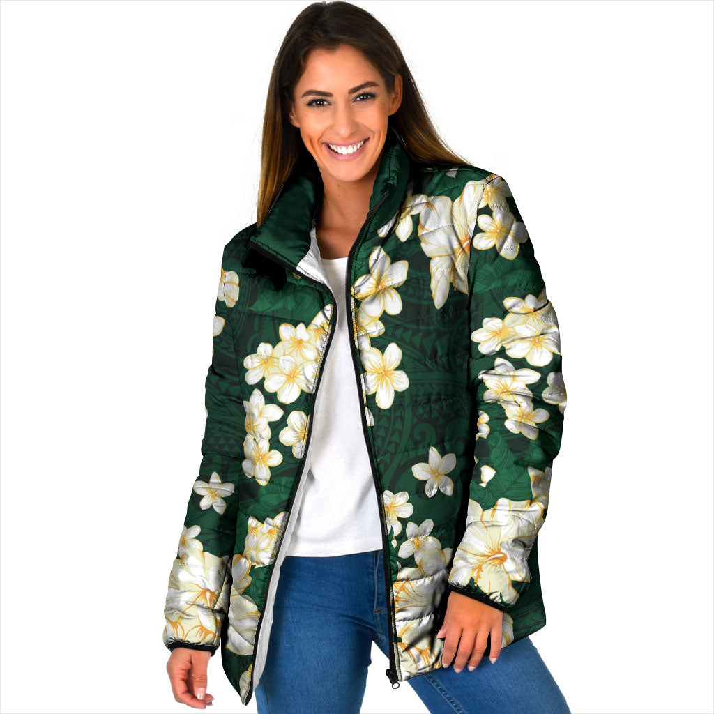Hawaii Hibiscus Plumeria Green Padded Jacket Polynesian Pattern