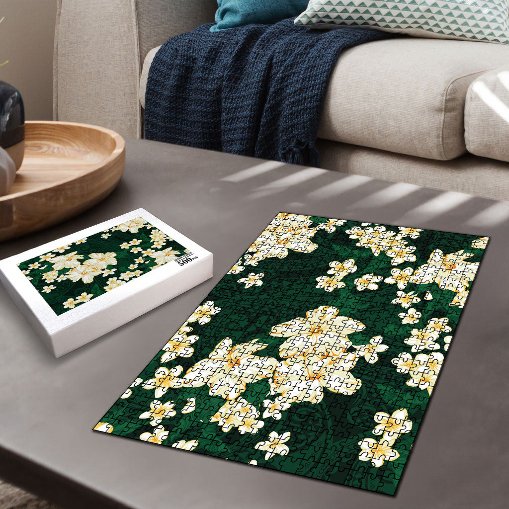 Hawaii Hibiscus Plumeria Green Puzzle Polynesian Pattern