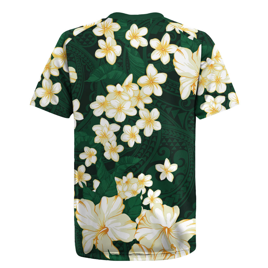 Hawaii Hibiscus Plumeria Green Rugby Jersey Polynesian Pattern LT01 - Polynesian Pride