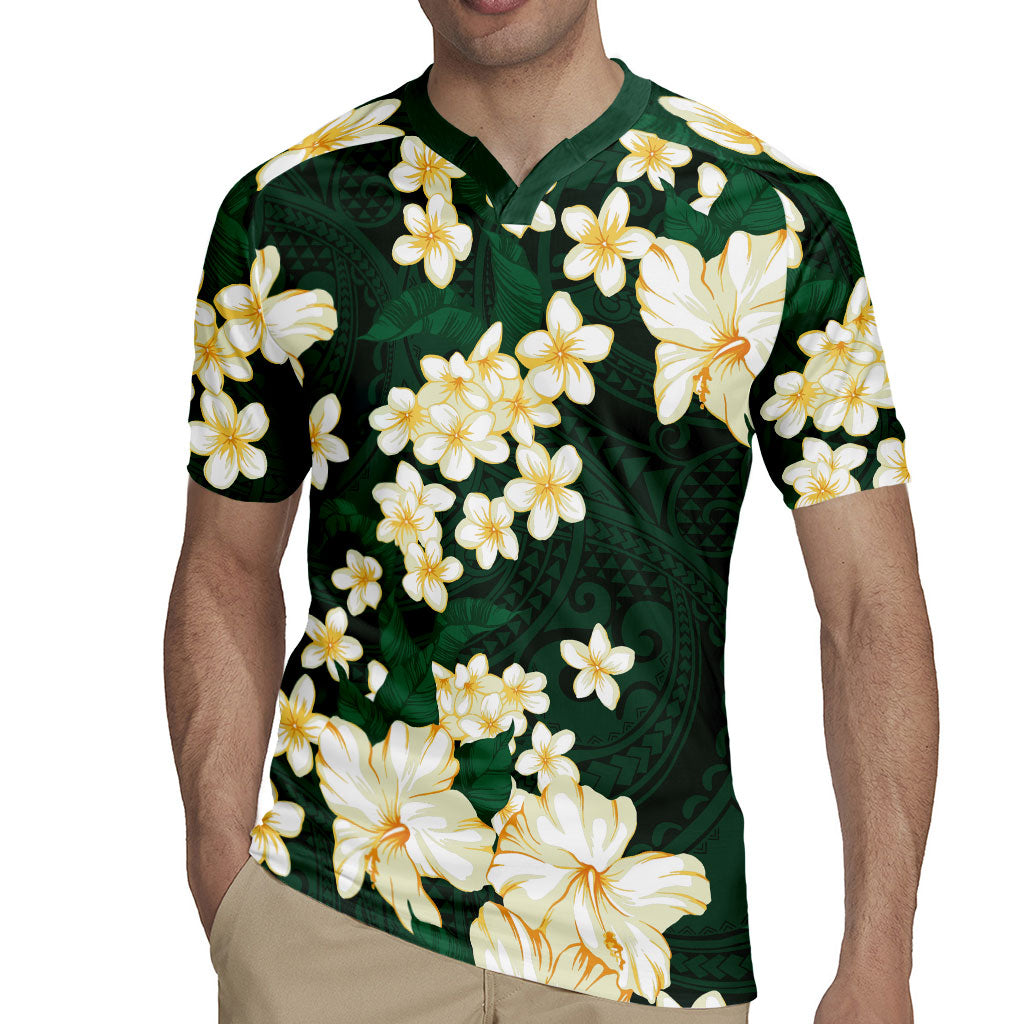 Hawaii Hibiscus Plumeria Green Rugby Jersey Polynesian Pattern LT01 - Polynesian Pride