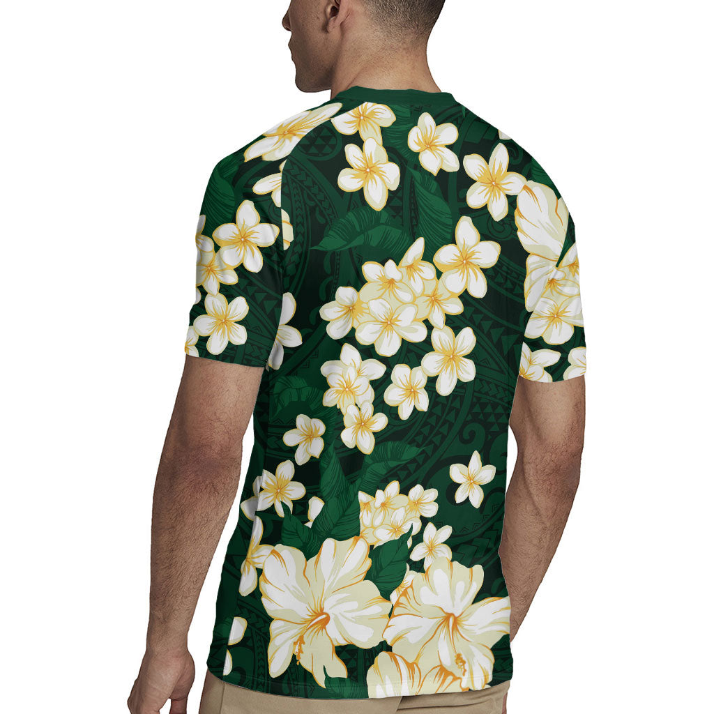 Hawaii Hibiscus Plumeria Green Rugby Jersey Polynesian Pattern LT01 - Polynesian Pride