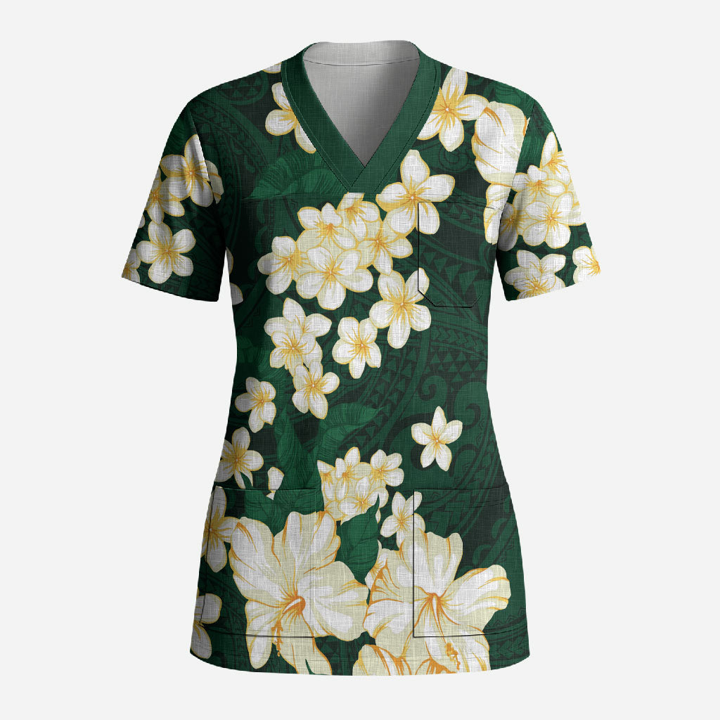 Hawaii Hibiscus Plumeria Green Scrub Top Polynesian Pattern