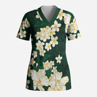 Hawaii Hibiscus Plumeria Green Scrub Top Polynesian Pattern