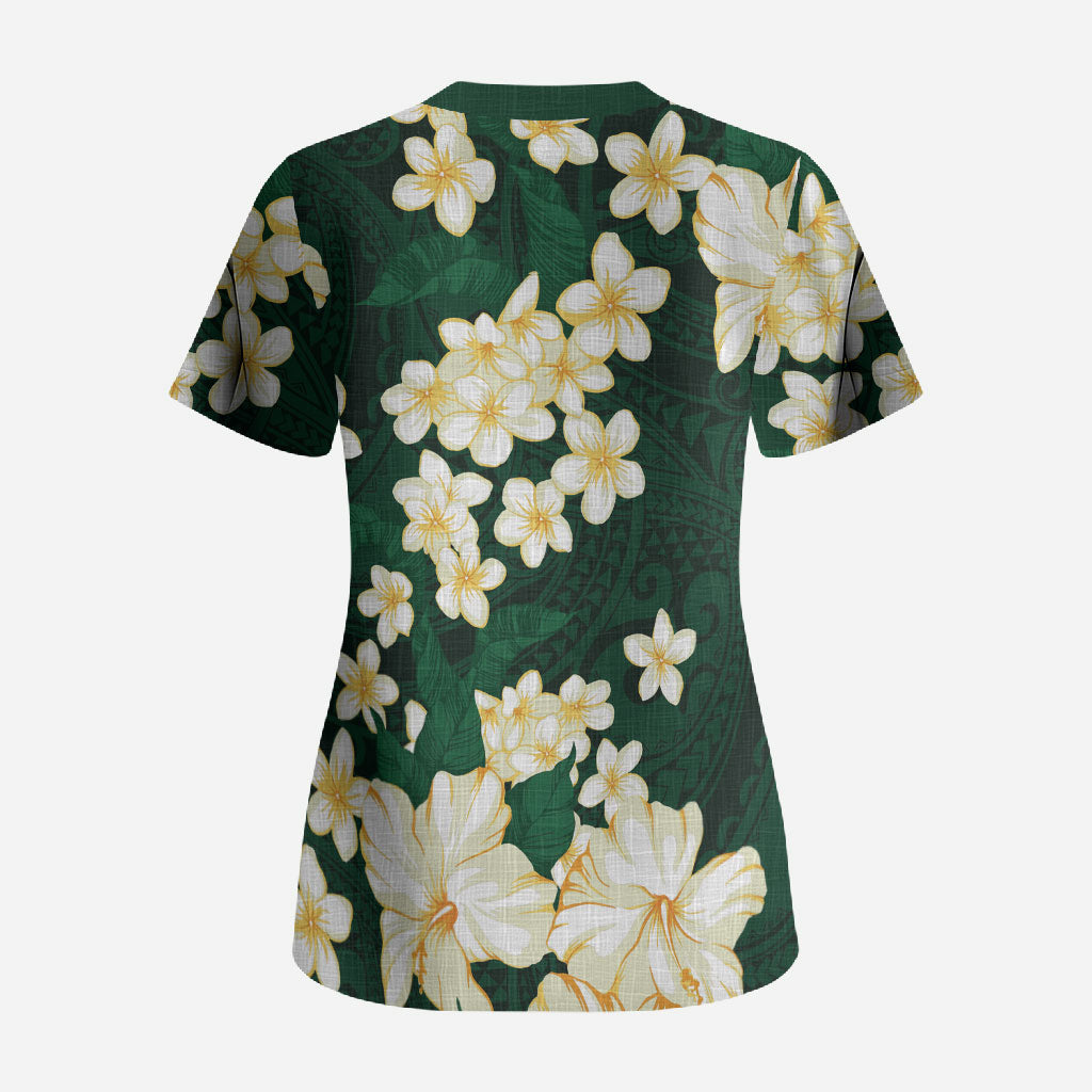 Hawaii Hibiscus Plumeria Green Scrub Top Polynesian Pattern