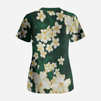 Hawaii Hibiscus Plumeria Green Scrub Top Polynesian Pattern