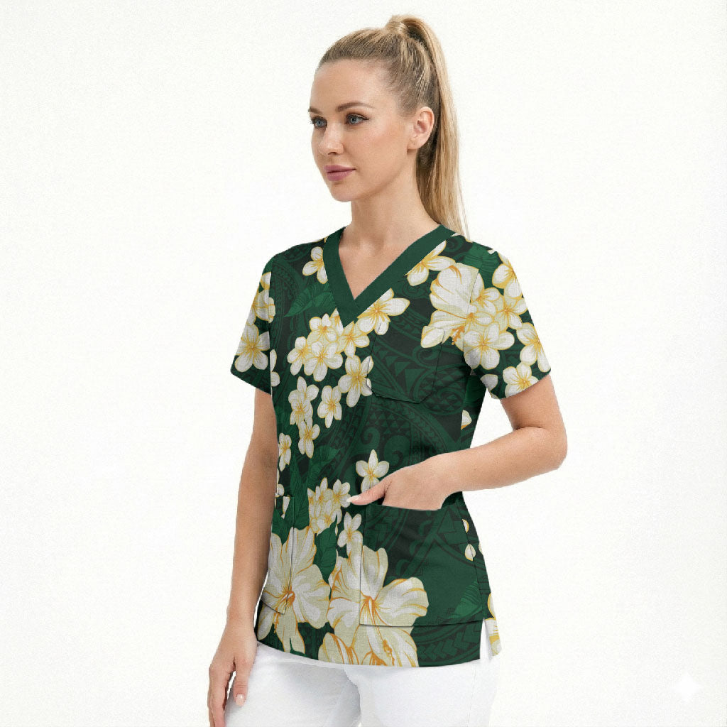 Hawaii Hibiscus Plumeria Green Scrub Top Polynesian Pattern