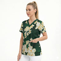 Hawaii Hibiscus Plumeria Green Scrub Top Polynesian Pattern