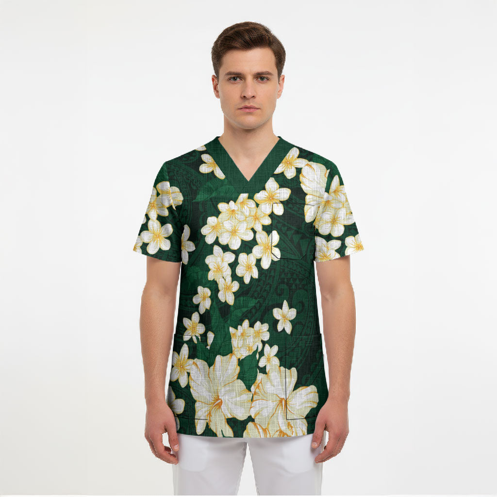 Hawaii Hibiscus Plumeria Green Scrub Top Polynesian Pattern