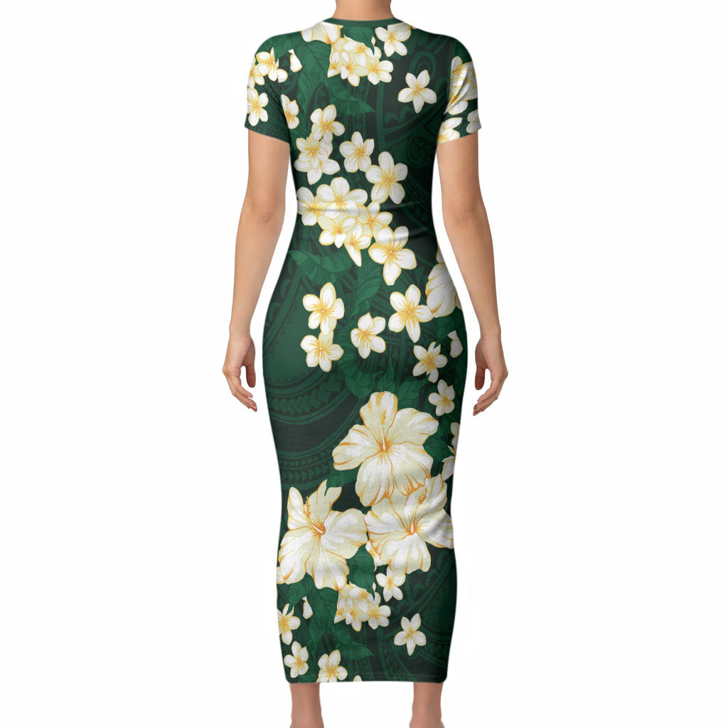 Hawaii Hibiscus Plumeria Green Short Sleeve Bodycon Dress Polynesian Pattern LT01 - Polynesian Pride