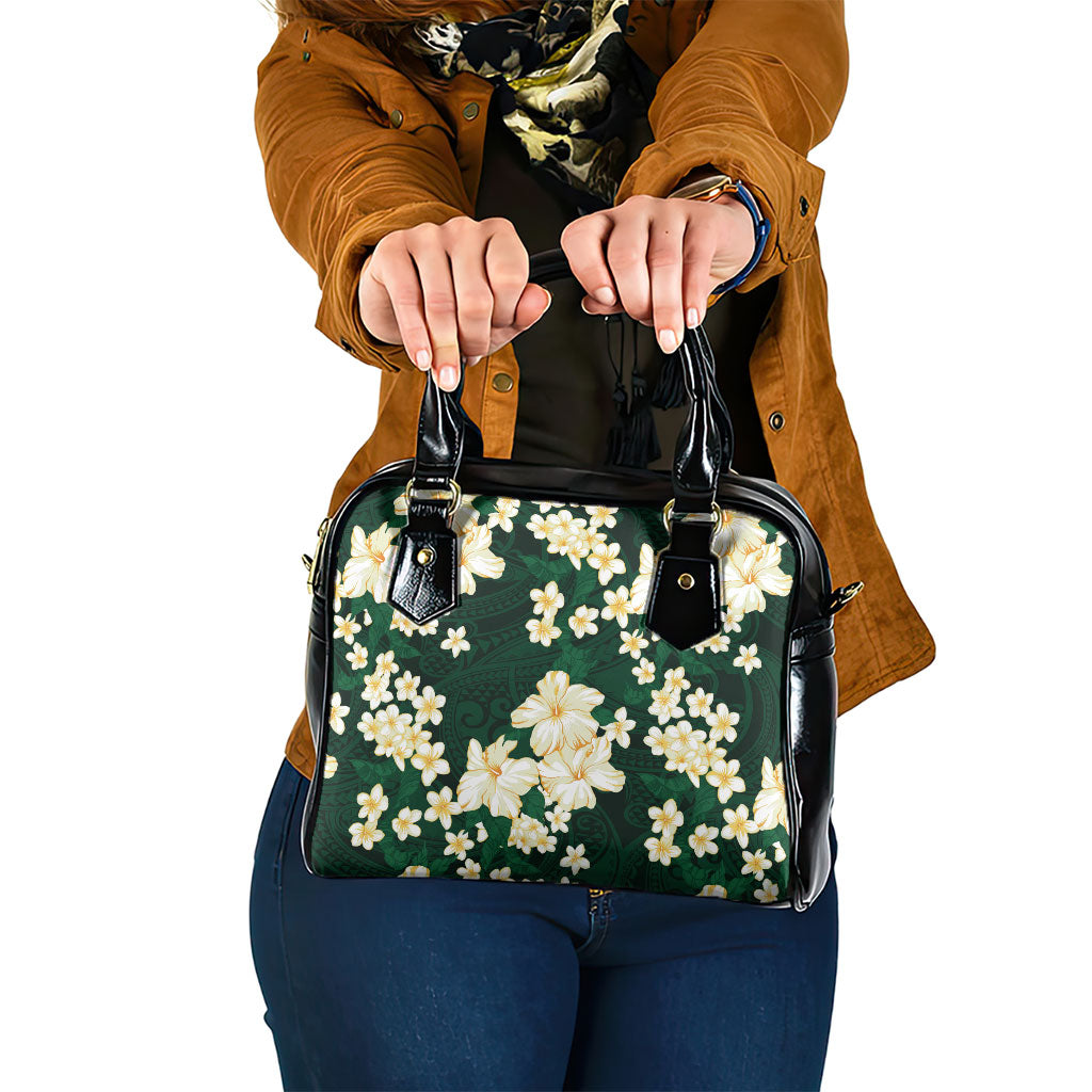 Hawaii Hibiscus Plumeria Green Shoulder Handbag Polynesian Pattern