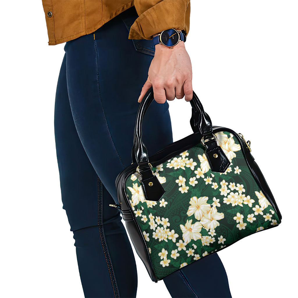 Hawaii Hibiscus Plumeria Green Shoulder Handbag Polynesian Pattern