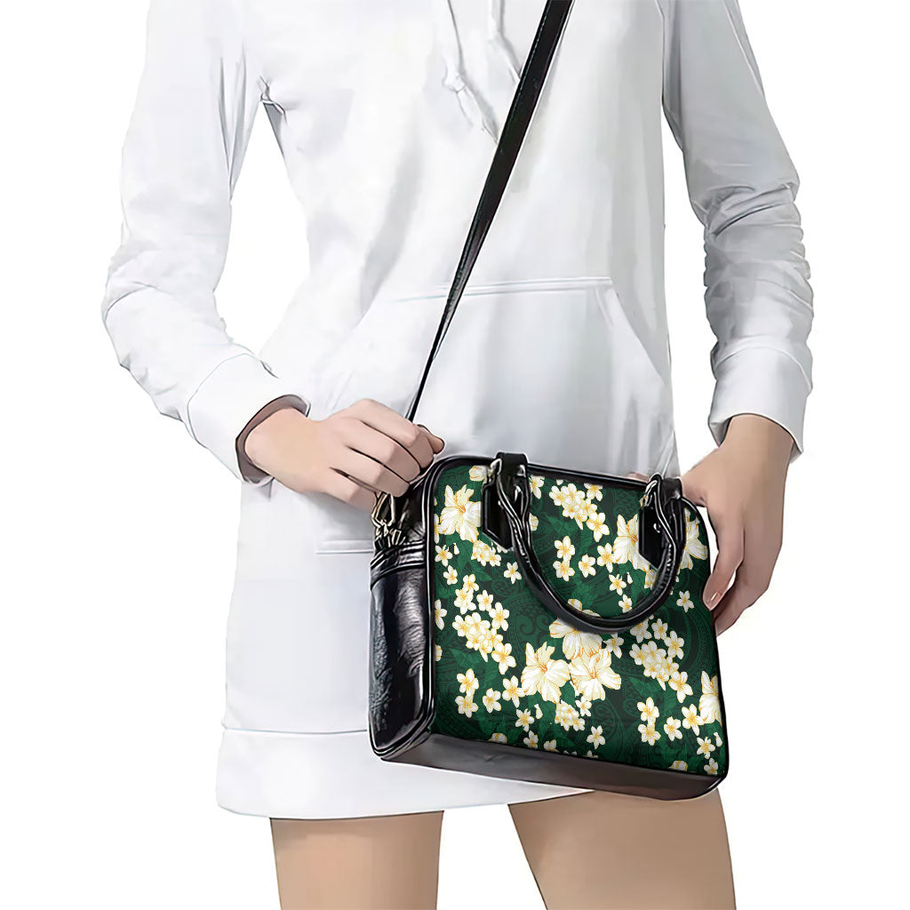 Hawaii Hibiscus Plumeria Green Shoulder Handbag Polynesian Pattern