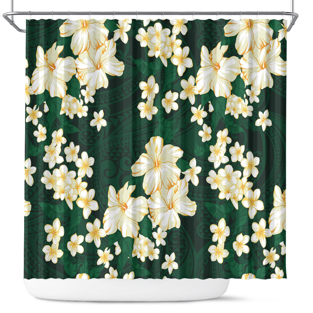 Hawaii Hibiscus Plumeria Green Shower Curtain Polynesian Pattern
