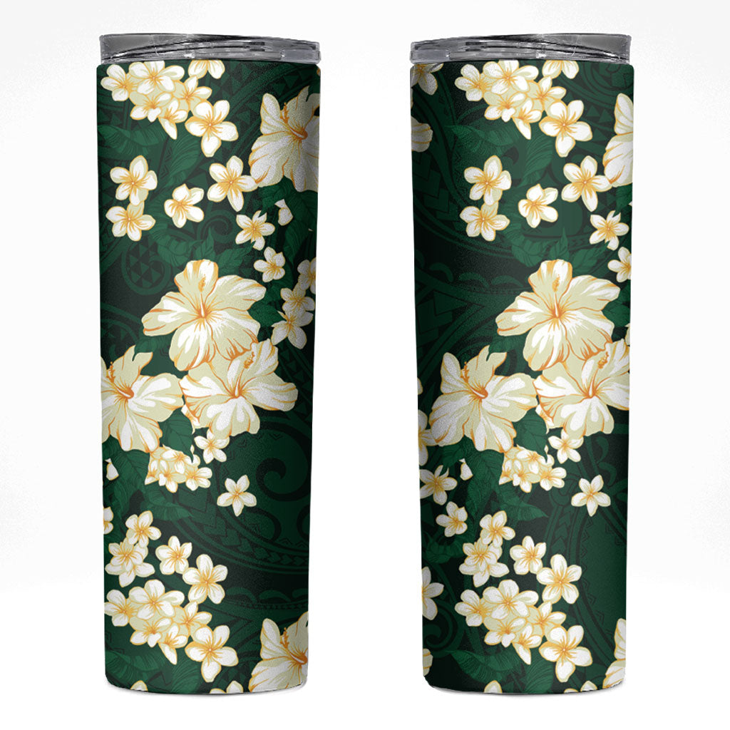 Hawaii Hibiscus Plumeria Green Skinny Tumbler Polynesian Pattern