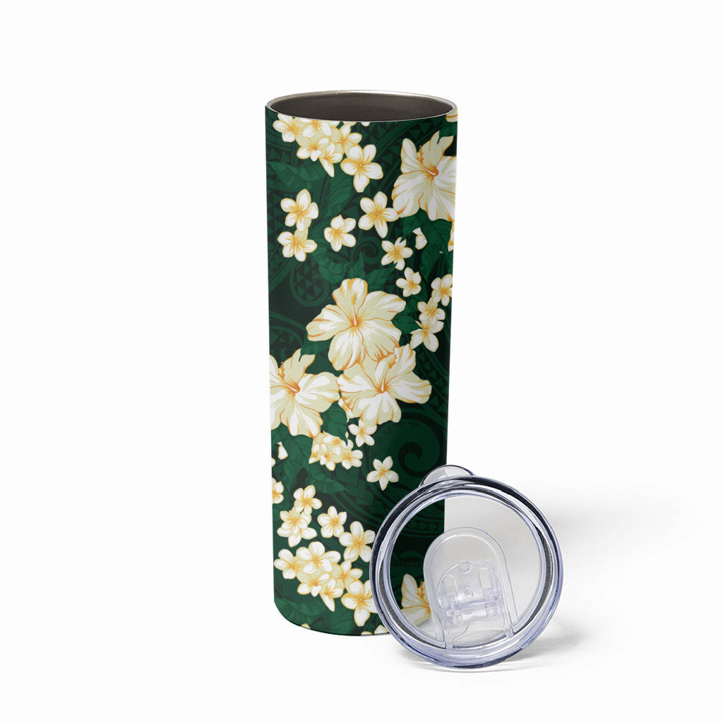 Hawaii Hibiscus Plumeria Green Skinny Tumbler Polynesian Pattern