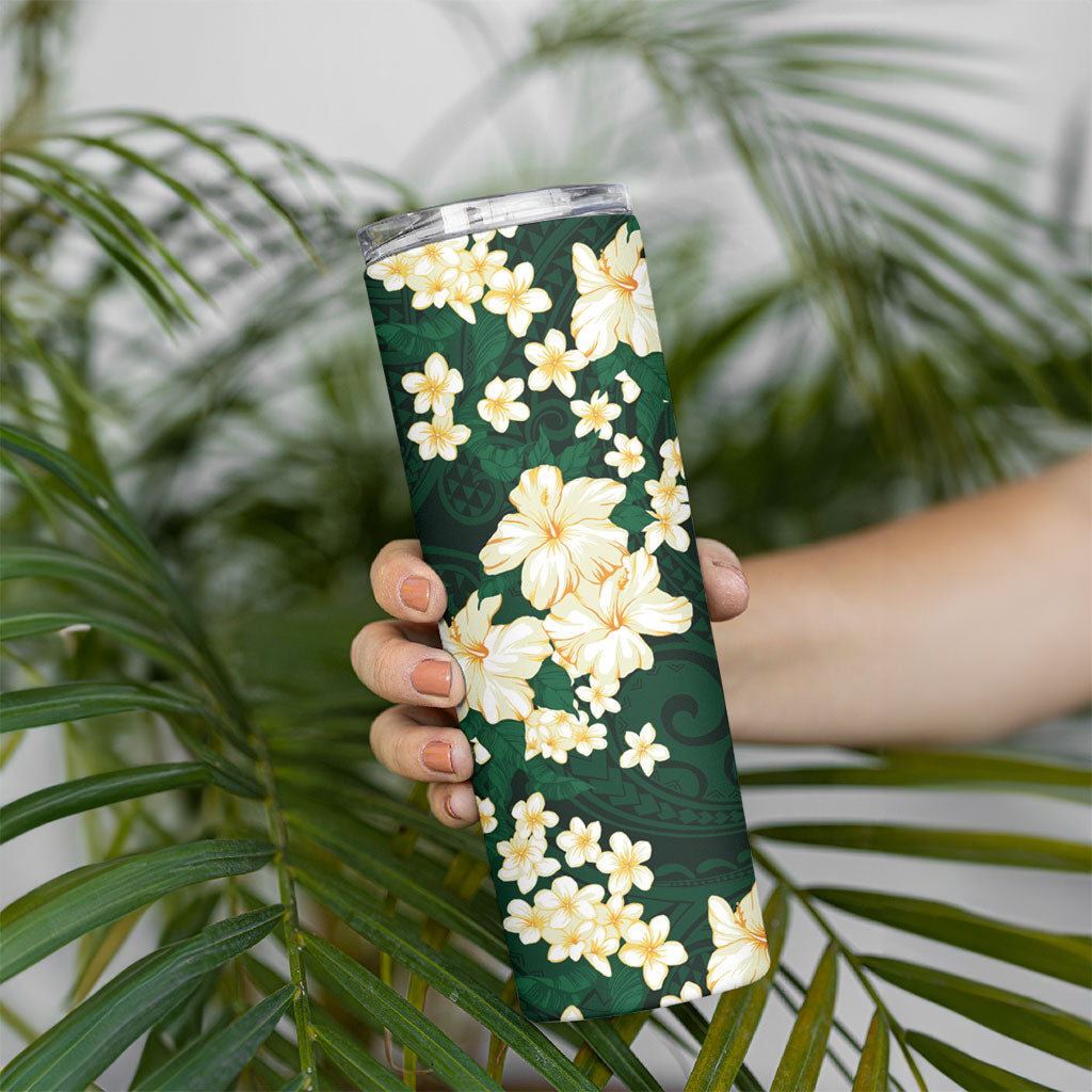Hawaii Hibiscus Plumeria Green Skinny Tumbler Polynesian Pattern